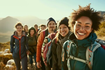 Smiling group of diverse hikers trekking through a scenic mountain trail in the sunshine, wearing outdoor gear and backpacks