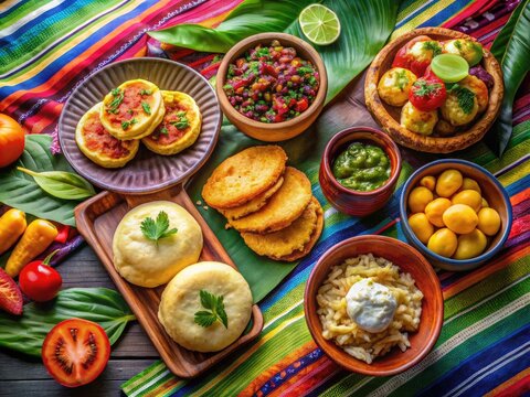Vibrant still life of traditional Venezuelan dishes, including arepas, cachapas, empanadas, and teque&ntilde;os, arranged on a colorful textile with fresh tropical fruits and herbs.