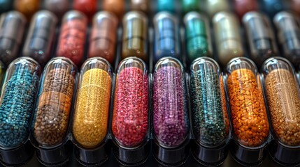 Vibrant assortment of colorful capsules filled with glittery materials on display in an art supply shop