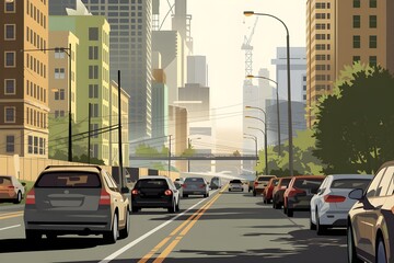 Naklejka premium Bustling urban scene with golden sunlight, multi lane road, and tall buildings