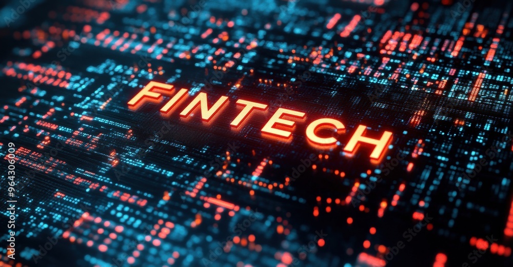 Poster futuristic fintech concept with glowing digital text and hologram elements in a virtual space