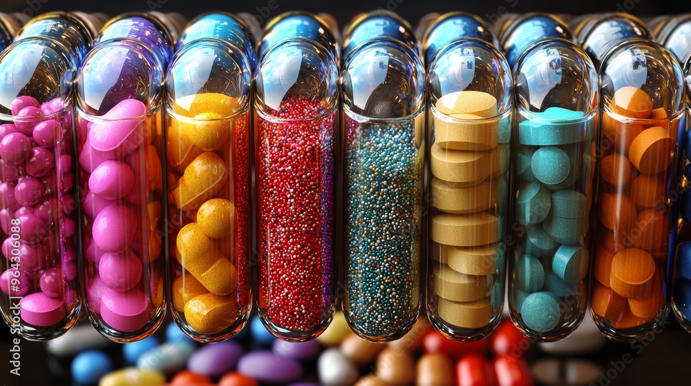 Poster colorful capsules and tablets arranged neatly in clear containers on a shelf in a bright environment