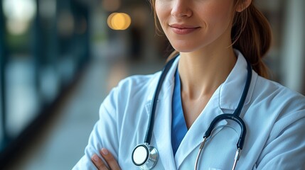Female doctor in a white coat with a stethoscope at a medical facility during daylight hours