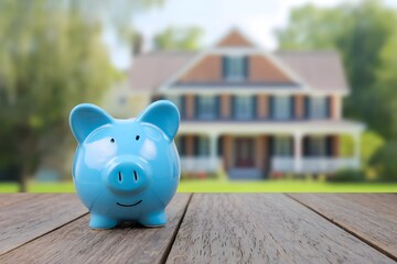 Fototapeta premium Blue piggy bank on wooden surface, blurred house and greenery in the background