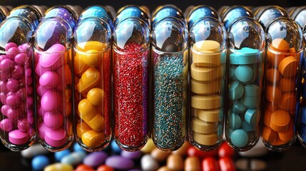Colorful capsules and tablets arranged neatly in clear containers on a shelf in a bright environment