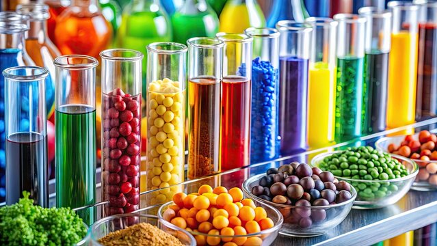 Vibrant test tubes filled with colored liquids sit alongside a periodic table and molecular models, illustrating the chemical formulas behind common food colorings.