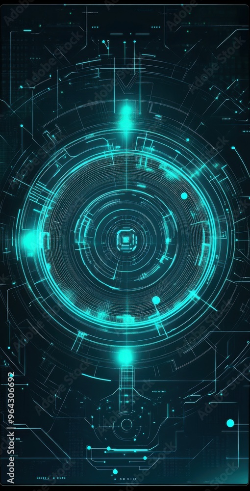 Poster futuristic digital interface with glowing blue circular patterns and intricate circuit elements for 