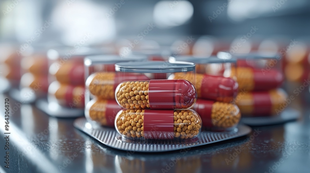 Poster pills in transparent containers showcasing vibrant orange and red colors on a laboratory table in a 