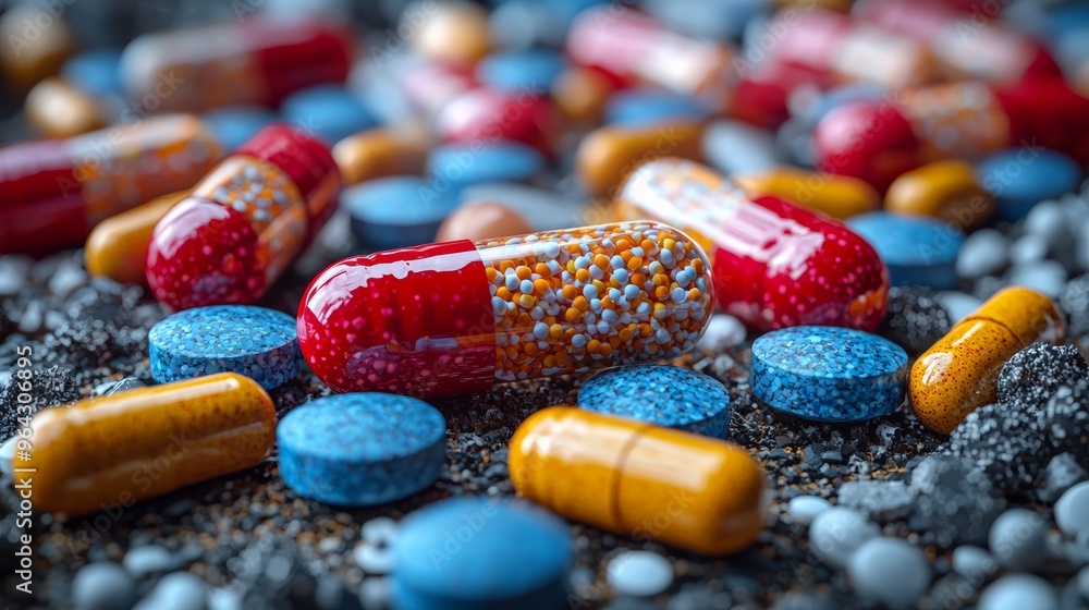 Poster colorful array of various medicinal capsules and tablets scattered on dark textured surface in soft 