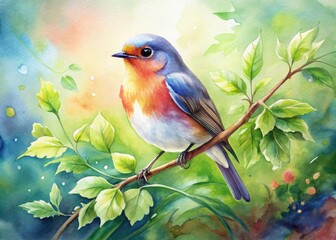 Vibrant watercolor depiction of a serene bird perched on a delicate branch, surrounded by lush green foliage, with soft brushstrokes and gentle color palette.