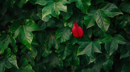 A single red leaf stands out from a background of green leaves.