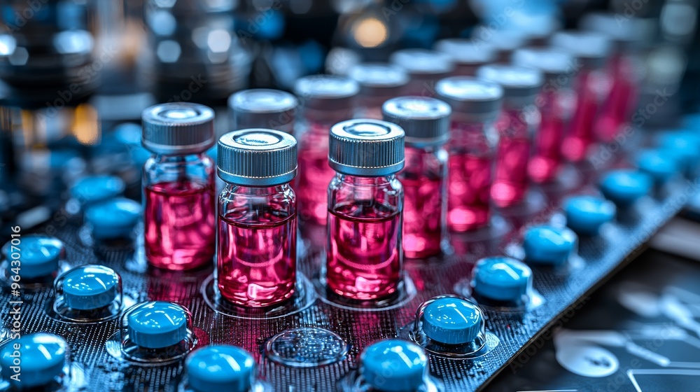 Poster colorful vials filled with liquid on a lab bench, showcasing a scientific experiment in progress in 