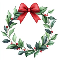 Fototapeta premium Festive wreath adorned with vibrant red bow and holly leaves, perfect for holiday decorations and cheerful celebrations.