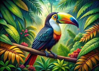 Vibrant, whimsical illustration of a colorful toucan perched on a branch, surrounded by lush rainforest foliage, showcasing intricate details and bold, expressive lines.