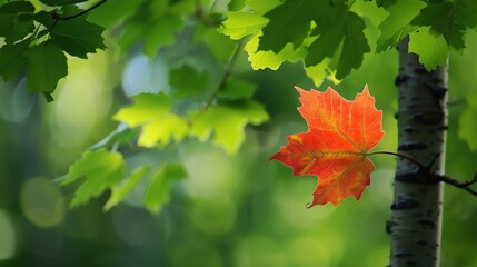 A single red leaf stands out from a background of green leaves.
