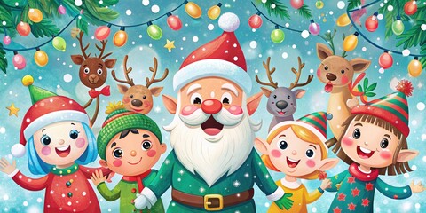 Fototapeta premium Vibrant, whimsical illustration of festive holiday characters, including jolly Santa, cheerful reindeer, and joyful elves, amidst snowflakes, ornaments, and twinkling lights, evoking joy and wonder.