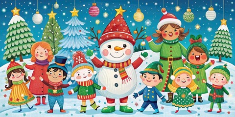 Vibrant, whimsical illustration of festive holiday characters, snowy landscapes, and decorative ornaments, perfect for coloring and bringing joyful cheer to winter season celebrations.