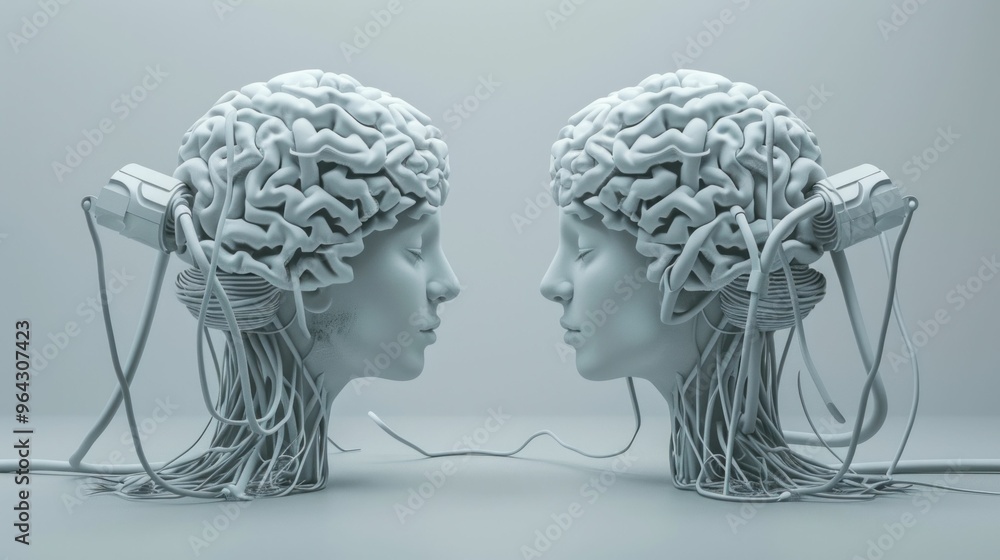 Poster two interconnected human figures with intricate brain designs, symbolizing communication and technol