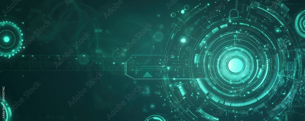 Poster futuristic digital interface with glowing green elements on a dark background for technology and inn