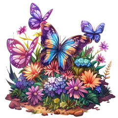 A colorful scene featuring beautiful butterflies surrounded by vibrant flowers in a lively garden setting.