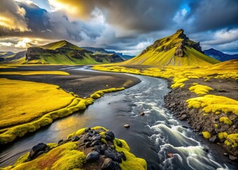 Vibrant yellow river flows gently towards the rugged, dark volcanic sand of a serene black beach, surrounded by moss-covered lava rocks in Iceland's vast wilderness.