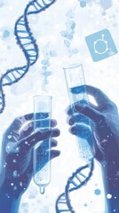 Abstract illustration of hands holding test tubes with DNA strand background for educational science posters