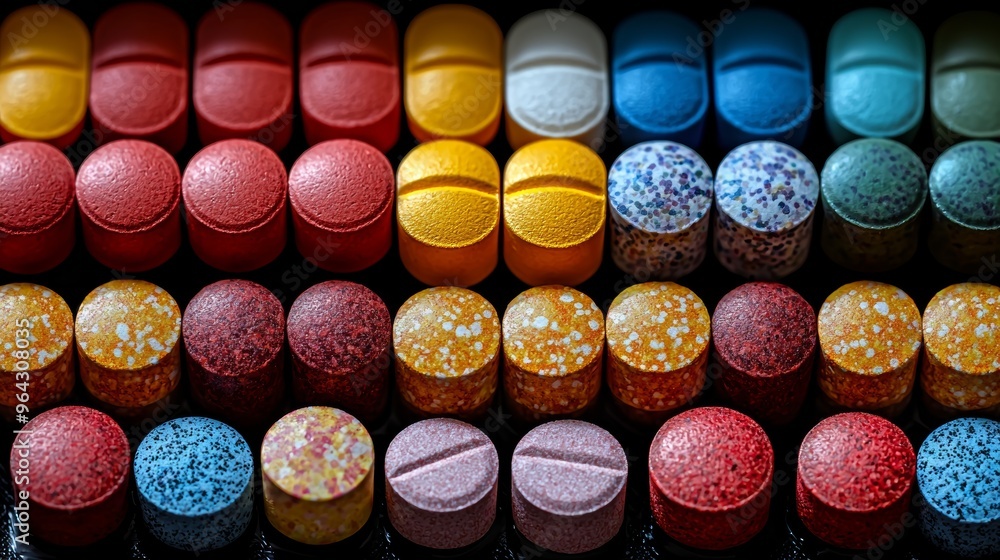 Poster colorful array of tablets and capsules arranged neatly on a dark surface with vivid textures and pat