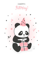 Happy Birthday card with cute panda bear. Vector illustration