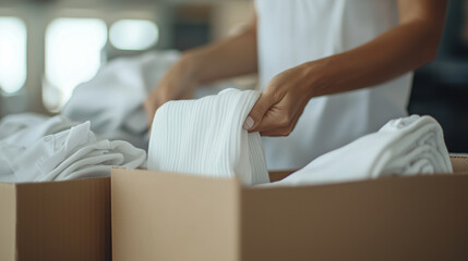 Helping Hand: Close-Up of a Woman Packing Donated Clothes into Boxes for Charity, Emphasizing Community Support and Philanthropy. photo