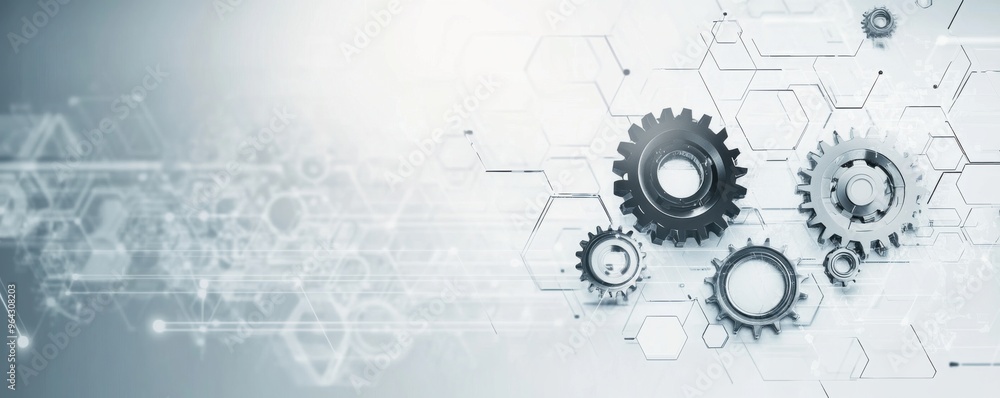 Poster innovative technological gears background with abstract hexagonal connections for online presentatio