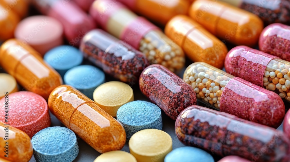 Poster a colorful assortment of various tablets and capsules displayed together on a white surface in a clo