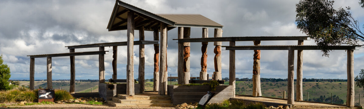 Bunjil's Lookout in Victoria, Australia, is an open-air pavilion made of timber and metal, providing shelter on a hilltop and offering panoramic views of the surrounding countryside