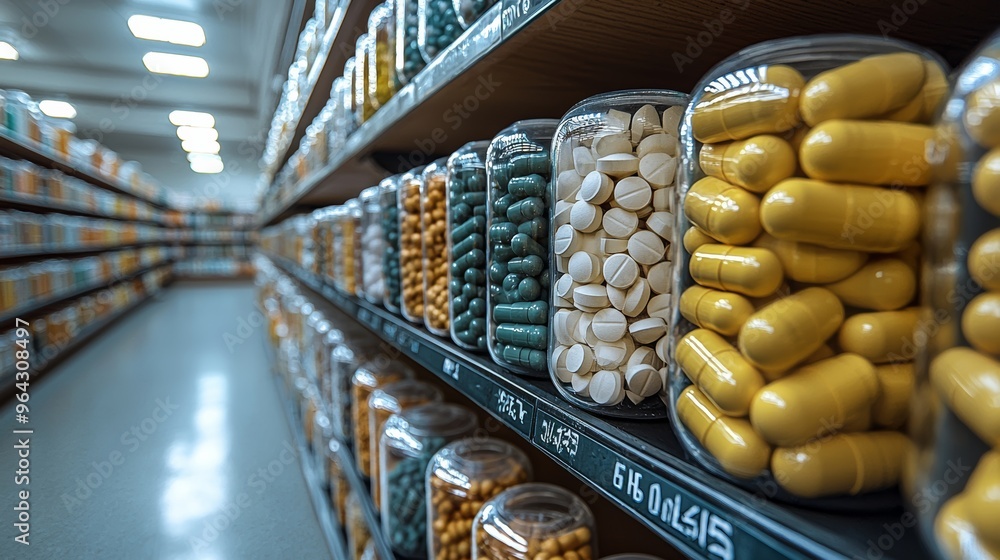 Poster colorful array of supplement capsules and tablets in glass jars on display in a well-organized stora
