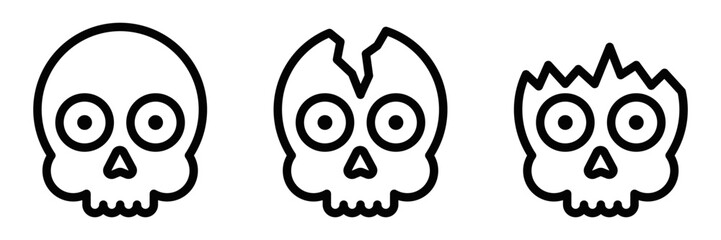 Obraz premium Three skull icons in outline style with different facial expressions. Vector illustration of spooky and creepy elements. Editable stroke.