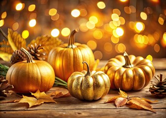 Warm autumn leaves, golden pumpkins, and rustic fall elements adorn a soft, blurred background, evoking a sense of cozy gratitude and festive celebration.