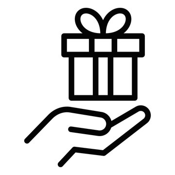 recommend clip art: Outlined hand holding a gift box with a bow. Vector illustration of present, generosity, and giving. Editable stroke.
