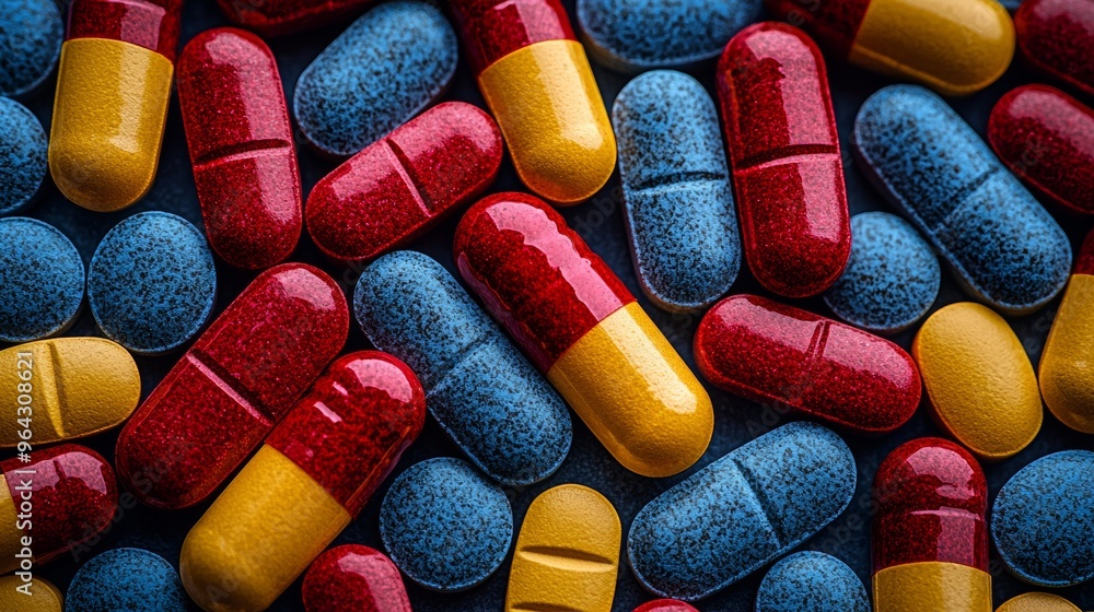 Poster colorful assortment of capsules and tablets scattered on a dark surface, showcasing various shapes a