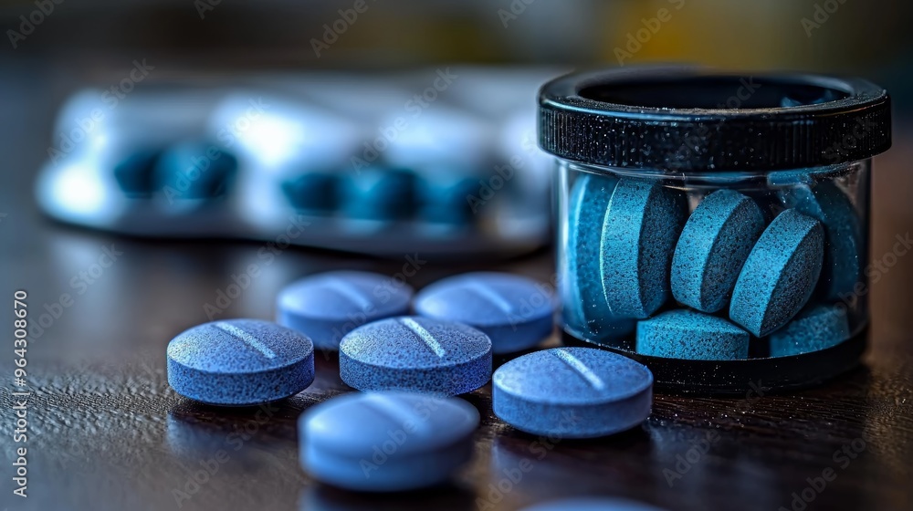Poster close-up view of blue tablets in a container and scattered on a wooden surface, emphasizing their de