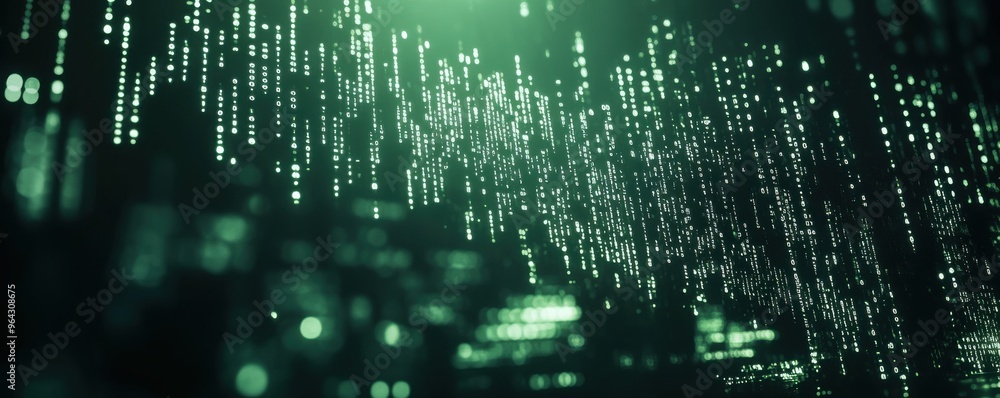 Poster digital matrix background with glowing green binary code streams in dark abstract tech landscape
