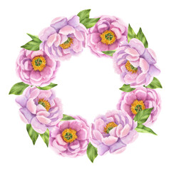 Fototapeta premium Pink peony round wreath flower frame. Floral print buds and green leaves. Hand drawn watercolor illustration isolated background. For printing postcards, invitations, textile, clothes, greeting cards