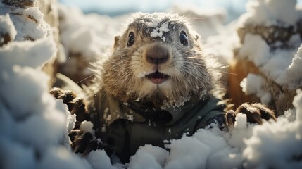 Obraz premium Groundhog covered in snow on Groundhog Day