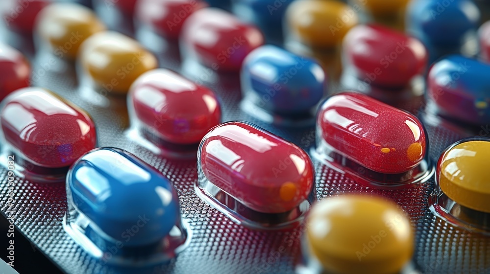 Poster colorful capsules arranged neatly on a black surface, showcasing various shapes and sizes in a brigh