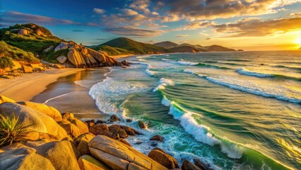 Warm sunlight casts a golden glow on the sandy shores of Joaquina Beach, where turquoise waves gently crash against the rocky coastline of Florianópolis, Brazil.