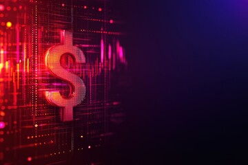 Neon dollar sign in dark abstract background with red and orange lighting effects. Concept of finance, investment, wealth and money.