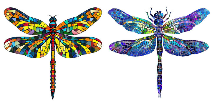 Stunning mosaic dragonfly artwork featuring vibrant colors and intricate designs, perfect for nature and art enthusiasts.