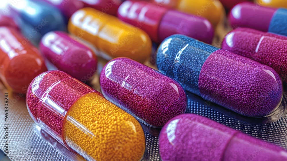 Poster colorful capsules scattered on a surface showcasing various sizes and textures in a close-up view du