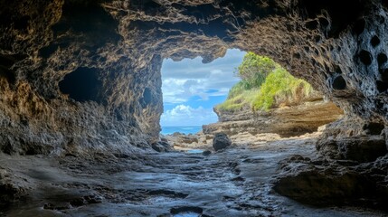 Breathtaking Cave View Overlooking the Serene Ocean and Stunning Island Formations