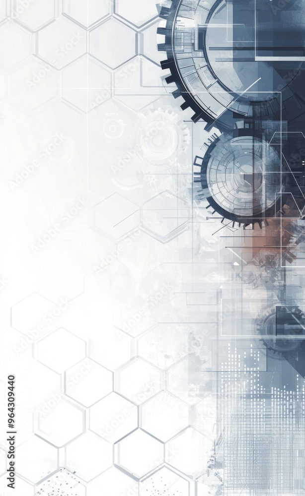 Poster abstract industrial background featuring gray gears and hexagonal patterns with a futuristic and mec
