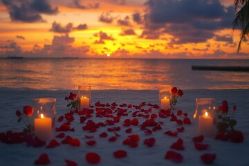 Marriage proposal setup on beach sunset with red roses, flowers and candle lights and decoration.