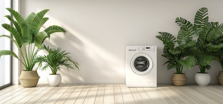 White washing machine in a minimalist white room with potted plants and large windows. Modern interior design with a clean and simple aesthetic.